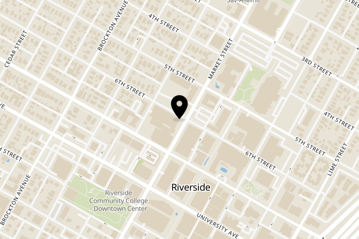 Map showing the location of Baba's Hot Chicken Riverside on 3605 Market St #6 in Riverside